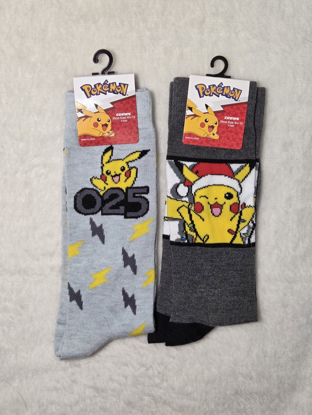 Pokemon Pikachu Crew Socks - Light Blue and Dark Gray Shoe Size 6.5 to 12